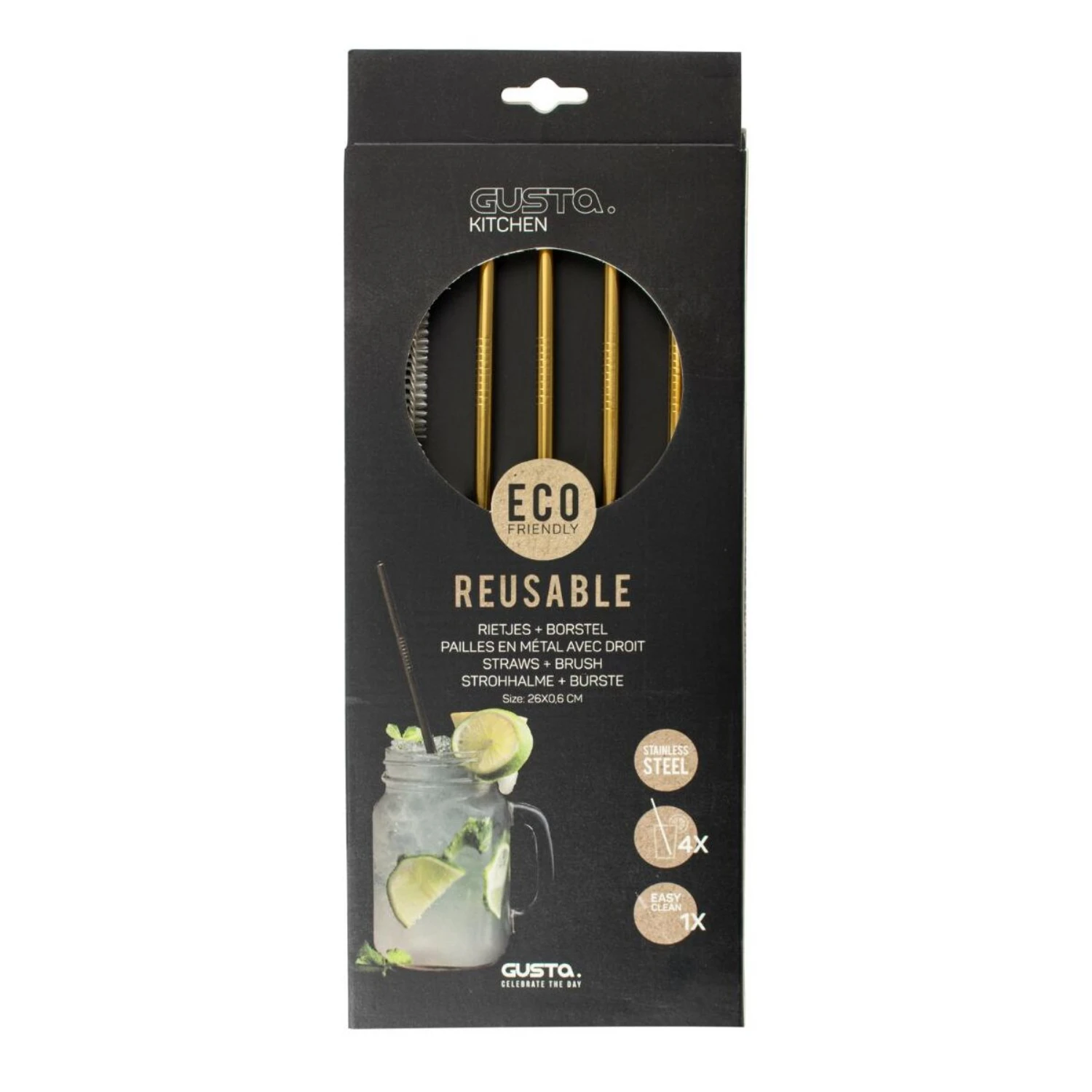 Gusta Rvs Rietjes + Borstel Goud 4 Stuks 2 Gusta Rvs Rietjes + Borstel Goud 4 Stuks - Afbeelding 2